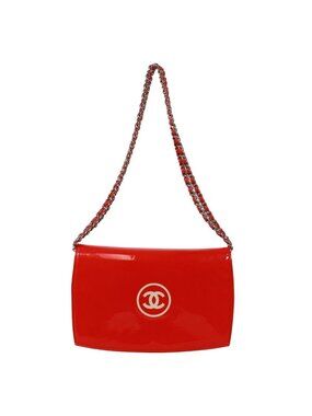 Chanel CC Logo Enamel Leather Red Chain Shoulder Bag Silver